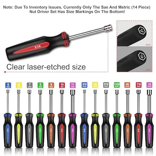 P.I.T.14PC SAE and Metric Nut Driver Set,Solid Shaft Nut Drivers(3/16 to 1/2 Inch and 5 to 10 mm) For Tightening and Loosening Fasteners with Color Coded Nonslip Comfort TPR Hand Grips - Thumbnail 2