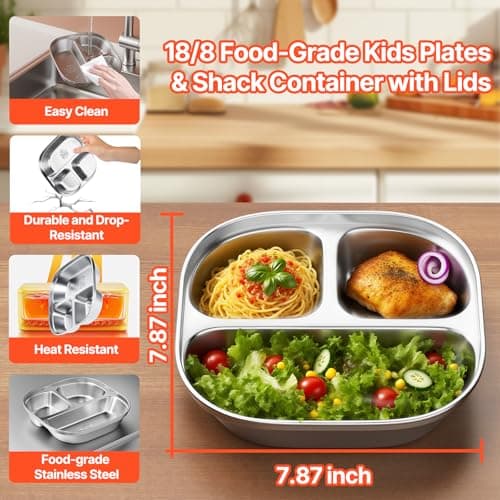 ENCYS Set of 4 Snack Containers,Stainless Steel Kids Plates,Stainless Steel Toddler Plate with Silicone Lids- Reusable Meal Prep Lunch Containers for Kids Non Toxic & 100% BPA Free - Thumbnail 2