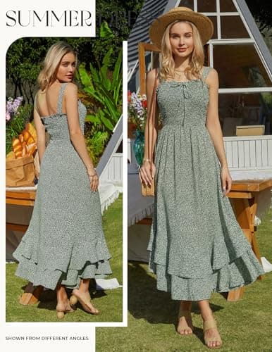 GRACE KARIN Women's 2025 Summer Floral Boho Dress Square Neck Strapped Swing A Line Sundress Beach Long Maxi OutfitsGreen L - Thumbnail 2