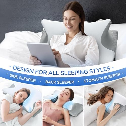Effective Pain Relief Cervical Neck Pillow for Sleeping, Memory Foam Pillows for Neck Support, Odorless Contour Side Pillow, Ergonomic Bed Pillow for Back Stomach Sleeper (White and Grey) - Thumbnail 4