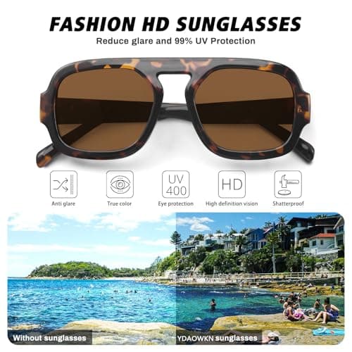 YDAOWKN Retro Square Aviator Sunglasses for Women Men Trendy Flat Top Sun Glasses UV Protection Vintage Shades - Thumbnail 4