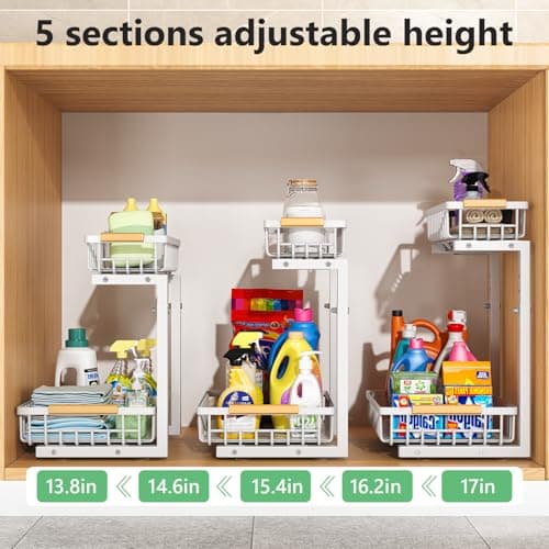 Merrylun Under Sink Organizers,5 Adjustable Height，Metal Pull Out Under Sink Organizers and Storage Shelves with Sliding Drawer (White, 2 pack) - Thumbnail 5