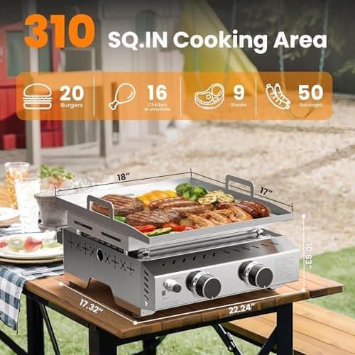 COWSAR 2-Burner Portable Tabletop Grill, 16000 BTU Stainless Steel Non-Stick Outdoor Portable Propane Griddle for Camping RV Backyard BBQ - Thumbnail 2