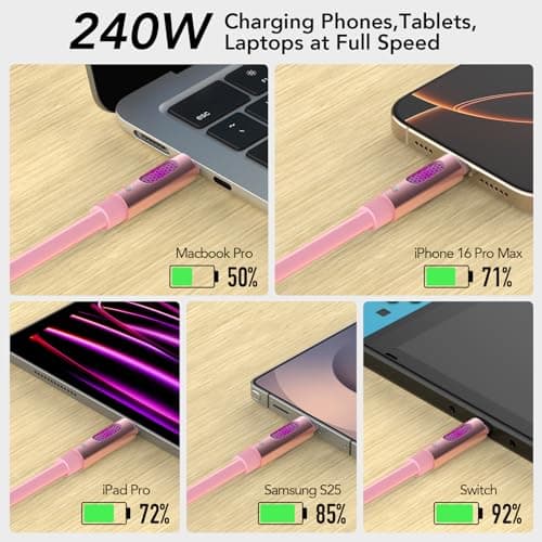 MFish 240W USB-C to USB-C Cable (PD 3.1 EPR), 480Mbps Speed, Fast Charging Type C Cable for MacBook Pro/Air, iPhone 17/16 Pro, Galaxy S25/S24, Laptops, iPad, Durable Silicone, 6FT Pink - Thumbnail 2