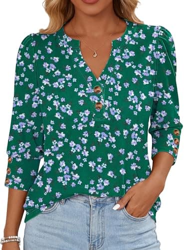 ANRABESS Womens Tops 3/4 Sleeve Casual Henley Shirts V Neck Buttons Dressy Work Business Blouses 2026 Spring Trendy Clothes Small