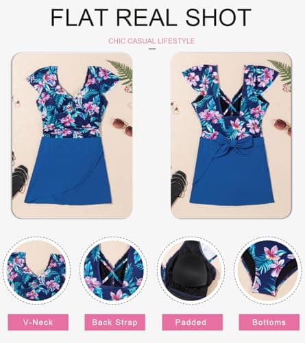 Dokotoo One Piece Bathing Suits for Women Tummy Control Wrap Deep V-Neck Ruffle Sleeve Swimsuits Sexy Flattering Floral Printed Swimsuit Back Strap Beach Swimwear Blue Small - Thumbnail 3