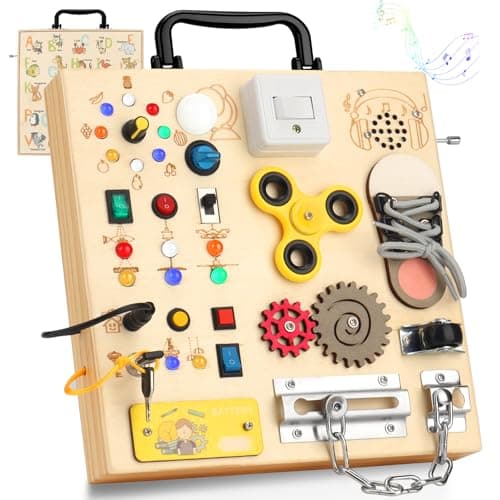 Wooden Busy Board with LED Light，Montessori Baby Learning Toys for Toddlers , Sensory Activity Board , Travel Educational Toy Boy & Girl Birthday Gift (Black Handle) - Image 1