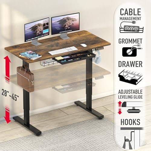 SHW 48-Inch Electric Height Adjustable Standing Desk with Drawer, Memory Preset and Cable Management Tray, Rustic Brown - Thumbnail 4