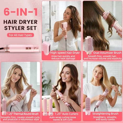 Hupifaz 6-in-1 Multi Hair Styler with Auto Wrap Curlers, Low-Speed Negative Ionic Hair Drying Tools, Professional Blow Dryer Brush & Air Styler, for Curling Volumizing Straightening Styling (Pink) - Thumbnail 2