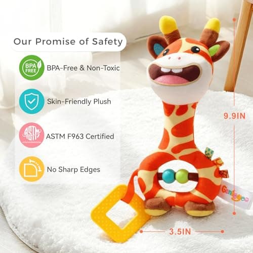 Baby Toy 0-12 Months - BPA-Free Soft Plush Sensory Toy with Gentle Squeaker, Safe Hand Grip & Teething Relief, Portable Newborn Toy for Diaper Bag, Baby Shower Gift (Orange Giraffe) - Thumbnail 4