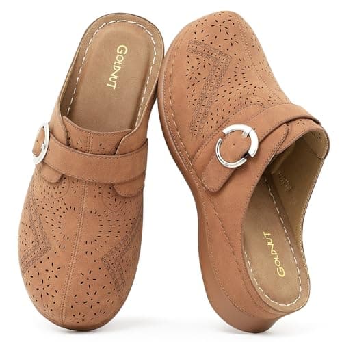 Goldnut Comfortable Clogs for Women with Arch Support - Brown Closed Toe Slip On Mules, All Day Wear Casual Dressy Shoes Size 7 - Image 1