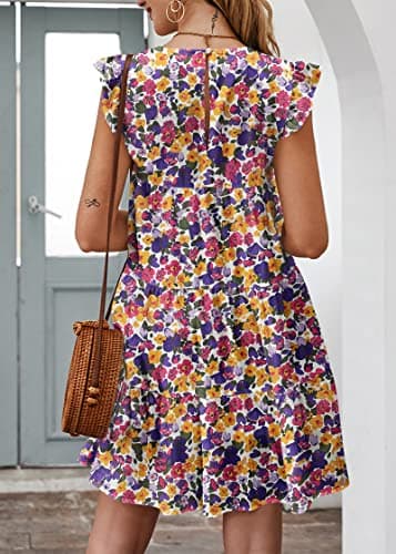 KIRUNDO Womens Dresses 2026 Cute Summer Sleeveless Boho Floral Mini Beach Sundress Ruffle Sleeve Round Neck Loose Short Flowy Pleated Babydoll Dress, Floral3-white Purple, Small - Thumbnail 5