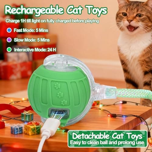 Interactive Cat Toy Ball - Christmas Cat Toys for Indoor Cats with Feather Tails for Chasing, Moving Stimulation Smart Cat Toy for Enrichment, Motion Activated Automatic Rolling Toys to Keep Them Busy - Thumbnail 3