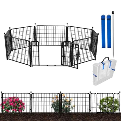 ADAVIN Garden Fencing 24 Inch High, Low Threshold Gate, 8 Panels Total 19.7 Ft(L), Temporary Fences for Dogs Outdoor, Fencing for Garden Beds, Black Metal Decorative Flowers Fence, Rabbit Fence
