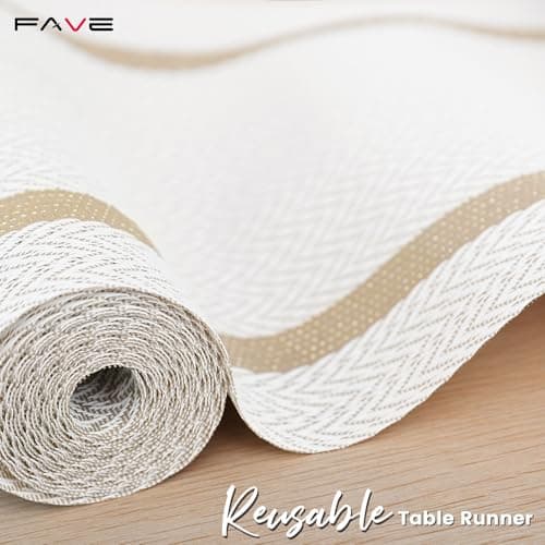 FAVE Woven Vinyl Table Runner White Table Runner Woven with Golden Threads 120x12 Inches Heat Resistant Dining Table Mats for Wedding, Banquets, Birthday, Party, Restaurant (White, 1PCS) - Thumbnail 4
