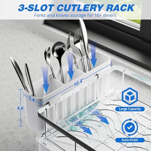 Godboat Dish Drying Rack, 2-Tier Dish Rack with Auto-Drain & Mat, 304 Stainless Steel Dish Racks for Kitchen Counter, Dish Drainer with Knife, Fork & Cup Rack, Gifts for Women, Mothers Day, Silver - Thumbnail 5