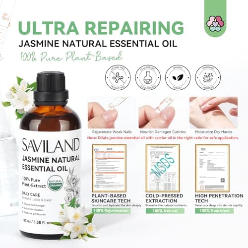 SAVILAND Jasmine Essential Oil for Cuticle Nails Hands: Ultra Repairing Cuticle Oil 100% Pure Plant-Based Nail Strengthener Hand Oils for Dry Hand Damaged Cuticle Weak Nail Care with Travel Bottle - Thumbnail 3