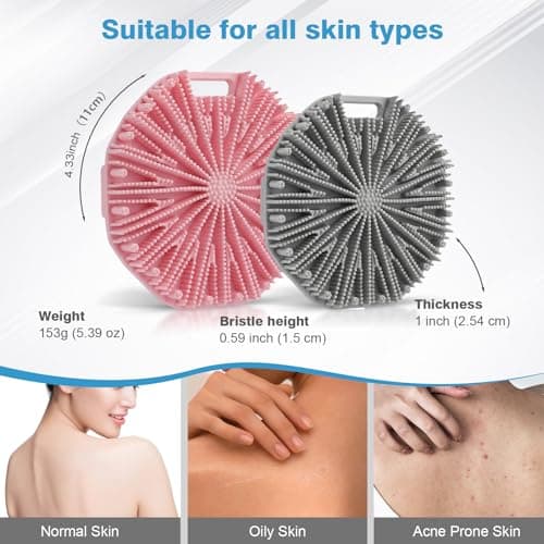 2Pcs Silicone Body Scrubber,Exfoliating Body Scrubbers for use in Shower,Silicone Body Brush for Showering and Anti-Slippery Handles for All Skin Types,Eco Friendly Shower Scrubber for Body（Pink+Grey） - Thumbnail 6