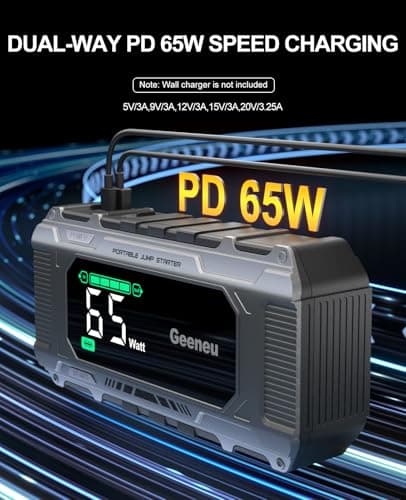 Geeneu Car Battery Charger Jump Starter, 8000A Portable Jumper Starter with PD 65W Quick Charger, Jump Box 12V Battery Booster Jump Pack for All Gas/10L Diesel,Large Screen,150W DC, Lights - Thumbnail 3