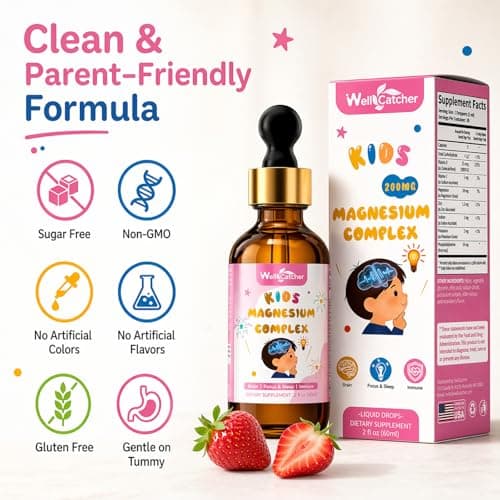 Magnesium Drops for Kids, Liquid Magnesium Glycinate Complex with Citrate & Taurate, Calm & Sleep Support, Brain & Focus Support, Sugar Free Strawberry Flavor, Easy to Take, 2 Fl Oz - Thumbnail 5
