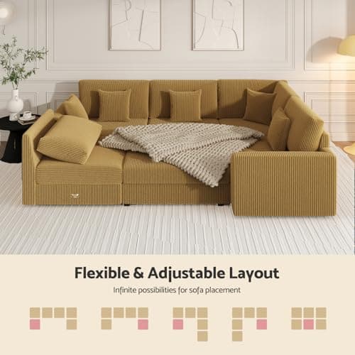 146" Modular Sectional Sofa, Oversized U Shaped Couch, Convertible Sleeper Sofa, 6 Seat Sofa with Chaise, Deep Seat Comfy Cloud Couch with Ottoman and Five Pillows for Living Room, Corduroy, Yellow - Thumbnail 5