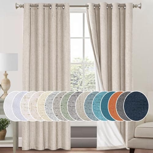 PrinceDeco Natural Linen Curtains 100% Blackout Linen Curtains for Bedroom Full Blackout Curtains 84 Inches Long Living Room Thermal Insulated Light Blocking Curtain Drapes White Backing, 2 Panels - Image 1