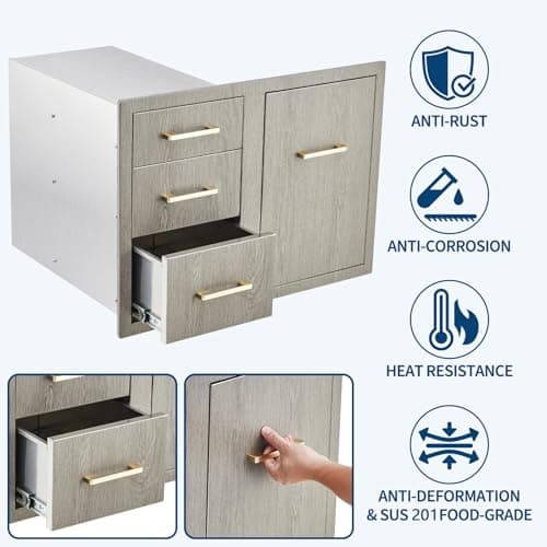GarveeTech Stainless Steel Outdoor Kitchen Drawer Combo with Access Door, Wood Grain Film, 29.5" W x 22.6" H x 21.7" D, BBQ Island Drawer, Propane Storage, Adjustable Garbage Ring, Flush Mount - Thumbnail 4