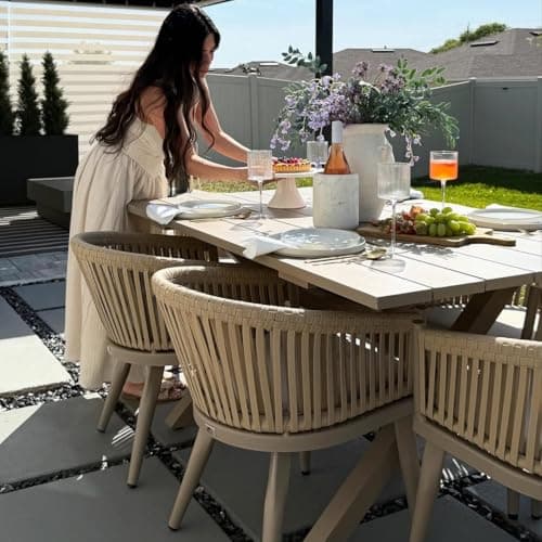 PURPLE LEAF 7 Pieces Outdoor Dining Set with Cushion Chairs, Champagne - Thumbnail 2