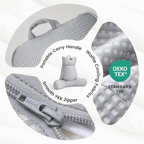 Amélie Home Cooling Reading Pillow with Arms for Adults, Breathable Waffle Fabric Bed Rest Pillow for Sitting Up, Ergonomic Back Support with Pockets for Gaming Relaxing, Cooling Gray, 29 Inches - Thumbnail 6