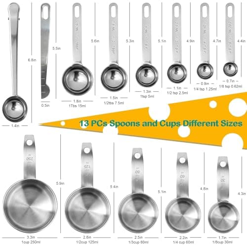 Measuring Cups and Spoons Set of 13, Stainless Steel 5 Nesting Measure Cups Set & 6 Measuring Spoons Set & 1 Leveler +1 Spoon Clip - Kitchen Baking Tools for Cooking. - Thumbnail 2
