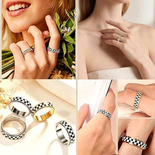 Mothers Day Gifts for Mom Daughter-Checkered Fidget Ring for Anxiety Relief,Silent Spinning Jewelry,Black & White Pattern Stainless Steel 18K Gold Plated Thumb Spinner Jewelry for Men Women Size 5-11 - Thumbnail 3