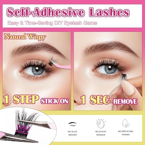 JoMay Self-Adhesive Eyelashes, Press on Lashes No Glue Needed, Glueless Pre-Glued D Curl Cluster Lashes for Beginners, No Residue, Pre-Separated L/R Eye, 1-Step DIY, 120PCS (X10) - Thumbnail 6