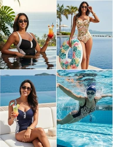 Hanna Nikole Push Up Swimsuits Long Torso Swimwear Full Coverage Slim Bathing Suit Navy Blue White Florals XX-Large - Thumbnail 6