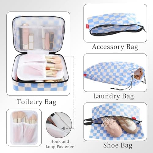 U+U 10 Set Compression Packing Cubes - Ultralight Travel Organizers with Laundry Bag and Cosmetic Bag, Space-Saving Suitcase Organizer for Travel, Business Trip and Family Vacation (Blue Checkered) - Thumbnail 4