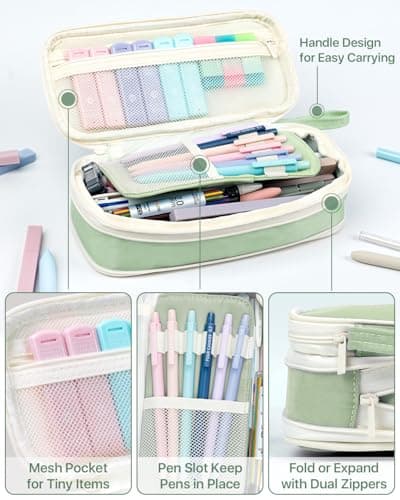 Four Candies 56 PCS Aesthetic School Supplies with Pencil Case, 6 Multicolor Pen, 12 Pastel Highlighters, 5 Gel Pens Black Ink, 9 Mechanical Pencils for Student Stationary Set Preppy Stuff (Green) - Thumbnail 4
