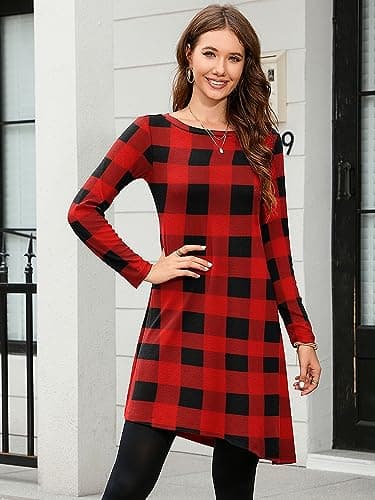 KORSIS Dresses for Women Black Red Plaid X-Large Long Sleeve Round Neck Casual Button Side T Shirts Loose Fitting Girls Christmas Sweater Fall Winter Tunic Dress - Thumbnail 2