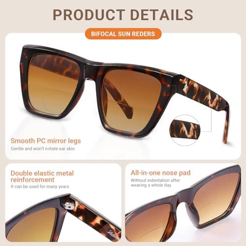 LADEESSE 3 Pack Bifocal Reader Sunglasses Women - Oversized Sun Reading Glasses Womens W/Cat Eye Vintage Outdoor Eyewear (Oversized/Black+tortois+tortois Grey, 1.25, x) - Thumbnail 6