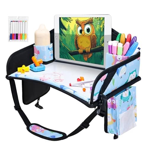 WENRENER Kids Travel Tray, Car Seat Tray for kids Travel, Toddler Road Trip Essentials With Drawing Kit, Toddler Lap Desk Organizer for Car, Carseat Table for Airplane