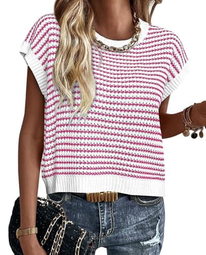PRETTYGARDEN Short Sleeve Sweater for Women 2026 Summer Outfits Striped Pullover Cap Sleeve Knit Sweaters Vest Tops Trendy(Rose Red,X-Large) - Image 1