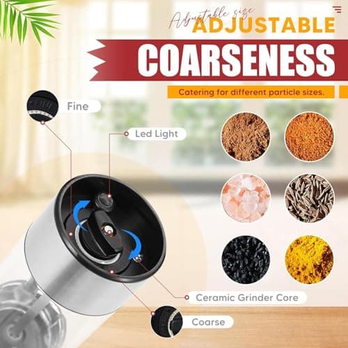 Electric Salt and Pepper Grinder Set with Charging Base - One Handed Automatic Spice Mill, Adjustable Coarseness Pepper Grinder, LED Light, Stainless Steel for Modern Kitchen & BBQ - Thumbnail 4