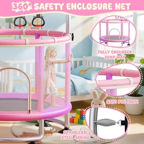 60" Toddler Trampoline for Kids,5FT Kids Trampoline for Toddlers 1-3,Upgrade Adjustable Kids Trampoline Indoor Outdoor,Mini Trampoline for Kids 2-5,500lbs Baby Small Trampoline with Net and Swing - Thumbnail 2