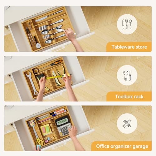 Yofidra Bamboo Silverware Organizer, 13.8 x 9.84 x 1.96 Inches Kitchen Utensil Drawer Organizer, Silverware Tray for Drawer with Fixed Slots for Spoons, Forks & Knives, Natural - Thumbnail 5