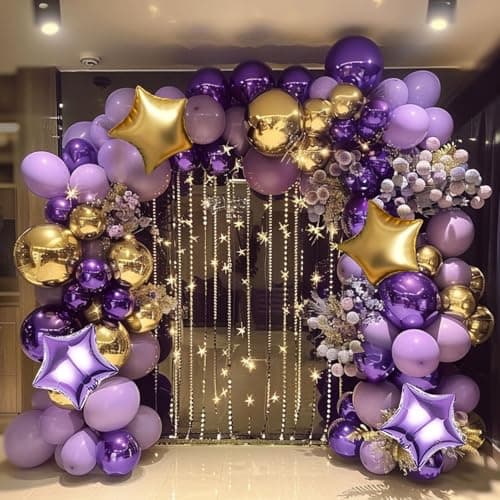 Dusty Purple and Gold Balloon Garland Arch Kit, 160Pcs Dusty Purple Light Purple Gold Latex Balloons with Star Foil Balloons for Graduation Wedding Anniversary Birthday Party Decorations - Thumbnail 5
