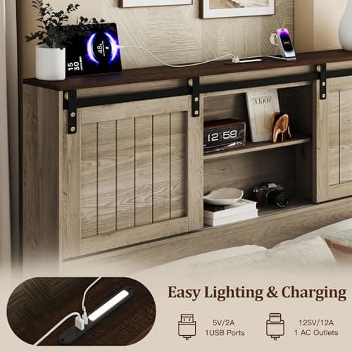 Uteeran Queen Size Bed Frame with Storage, Sliding Barn Door, Farmhouse Wood Platform Bed with Reading Light and Charging Station, Wood Slats Support, Easy Assembly, Noise-Free, Light Rustic Oak - Thumbnail 5