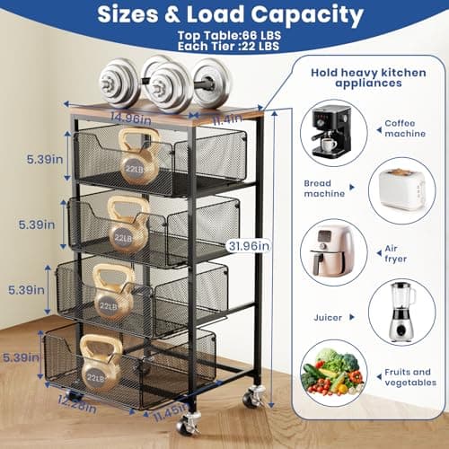 Goovilla Kitchen Cart with Drawers, 4 Tier Metal Rolling Utility Cart Organizer on Lockable Wheels with Wooden Top, Black Fruit Vegetable Storage Rack Also for Cans, Snack, Craft, Art, Office, Beauty - Thumbnail 3