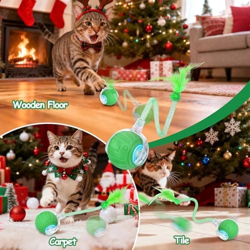 Interactive Cat Toy Ball - Christmas Cat Toys for Indoor Cats with Feather Tails for Chasing, Moving Stimulation Smart Cat Toy for Enrichment, Motion Activated Automatic Rolling Toys to Keep Them Busy - Thumbnail 6