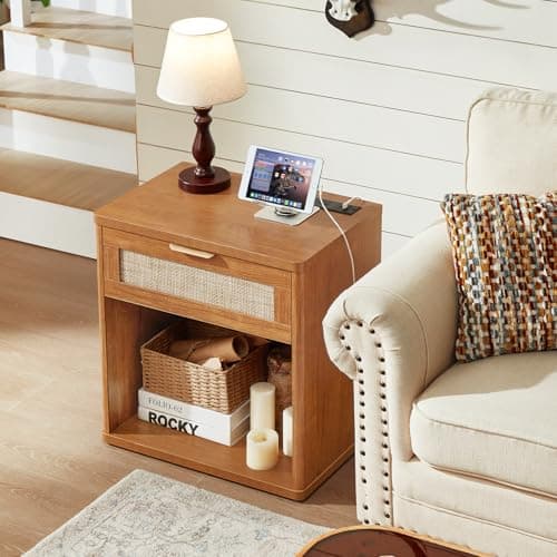 LEYAOYAO Rattan Nightstand with Charging Station, 23" Wide Boho Night Stand with Drawer, Natural Wood Bedside Table Open Storage Cabinet, Bed Side End Tables Dresser for Bedroom, Living Room, Hallway - Thumbnail 6