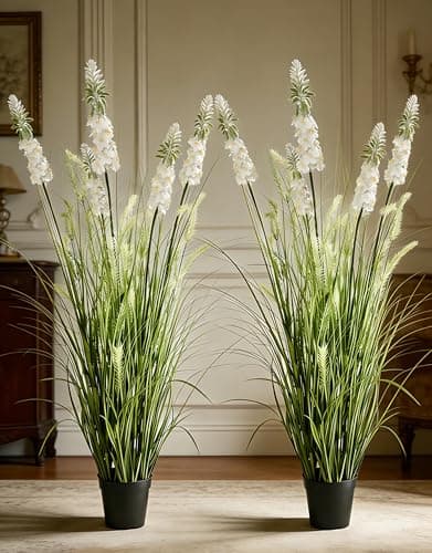 Crasraye Artificial Grass Plant with White Delphinium Silk Flowers 4ft 2-Pack, Fake Ornamental Onion Grass in Pot, 48in Tall Floor Grass Plants for Decor, Indoor Decorative Flowers & Plants - Image 1
