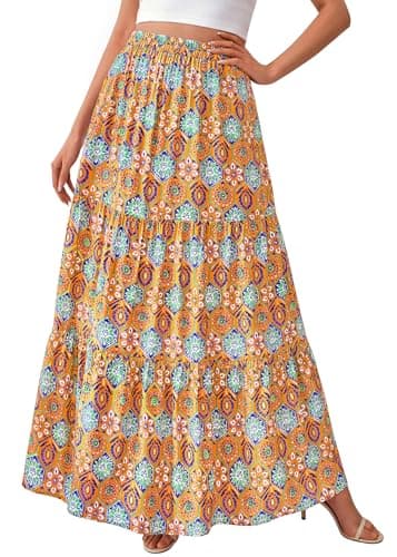 KIRUNDO Maxi Skirts for Women 2026 Summer Boho Floral High Waist Casual Flowy Long Skirt Beach Vacation Cruise Resort Wear(Yellow Geometry, Small) - Image 1