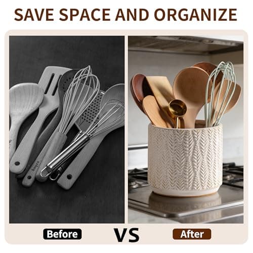 5.3-Inch Ceramic Utensil Crock Utensil Holder Countertop, Embossed Ceramic Storage Canister - with Non-Slip Cork Base, Rustic Farmhouse Multi-Purpose Desktop Organizer, Kitchen Decor(Wheat Brown) - Thumbnail 4